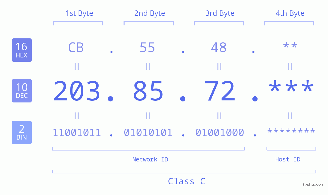 IP Address: 203.85.72 Data Structure Chart BIN DEC HEX IPv4: 203.85.72 Network Class, Net ID, Host ID