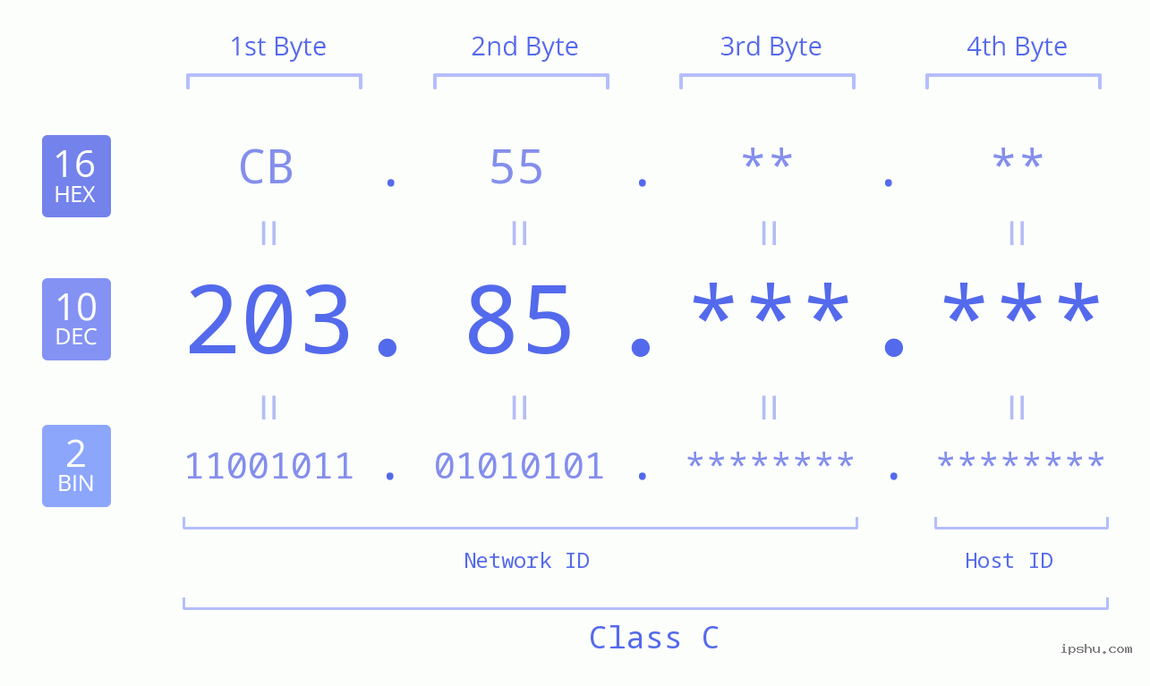 IP Address: 203.85 Data Structure Chart BIN DEC HEX IPv4: 203.85 Network Class, Net ID, Host ID