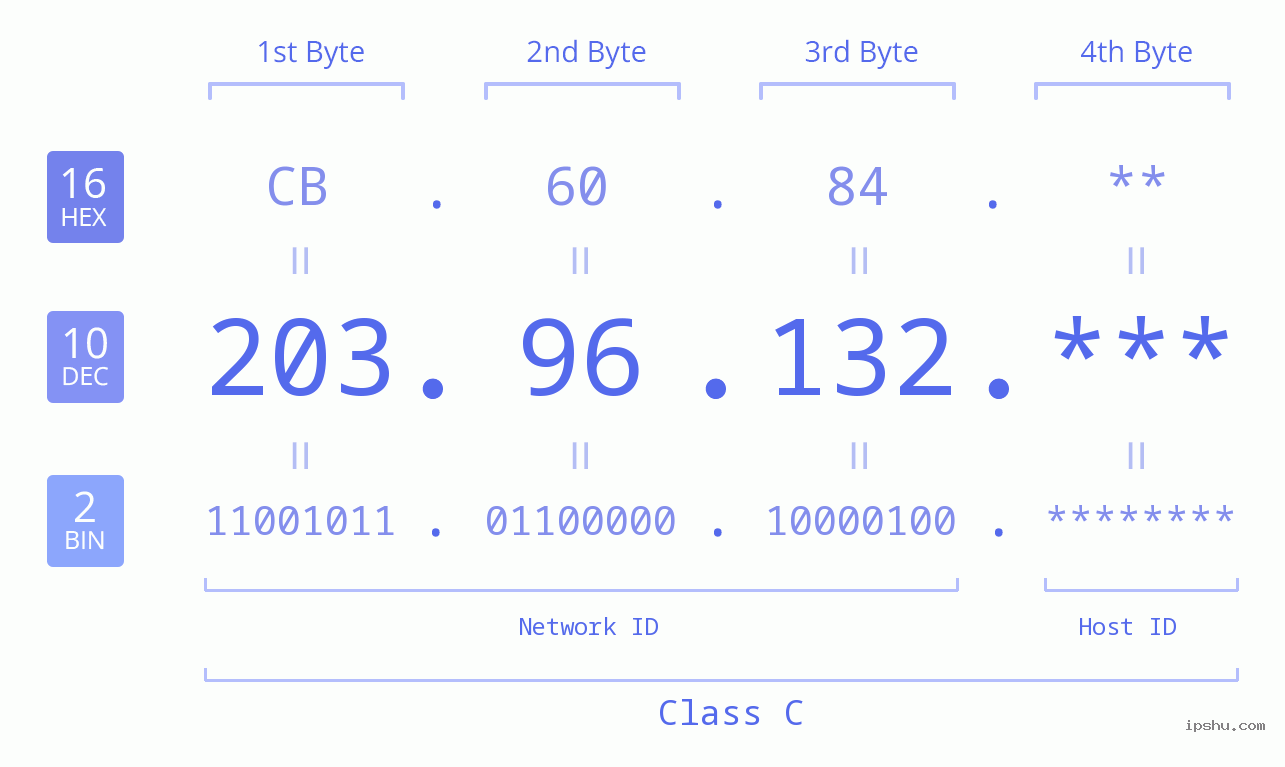 IP Address: 203.96.132 Data Structure Chart BIN DEC HEX IPv4: 203.96.132 Network Class, Net ID, Host ID