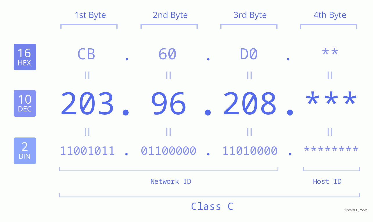 IP Address: 203.96.208 Data Structure Chart BIN DEC HEX IPv4: 203.96.208 Network Class, Net ID, Host ID