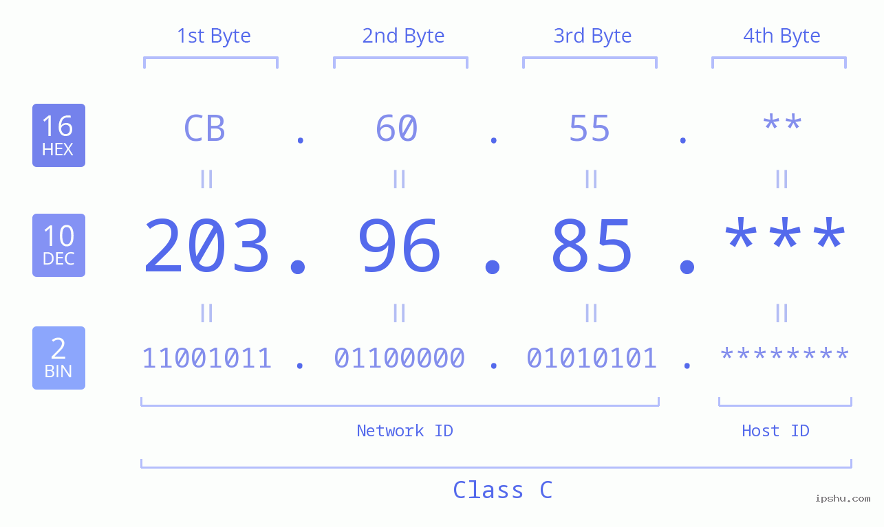 IP Address: 203.96.85 Data Structure Chart BIN DEC HEX IPv4: 203.96.85 Network Class, Net ID, Host ID