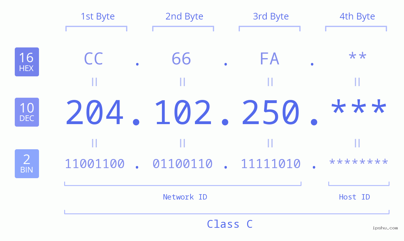 IP Address: 204.102.250 Data Structure Chart BIN DEC HEX IPv4: 204.102.250 Network Class, Net ID, Host ID