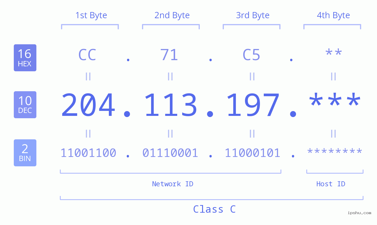 IP Address: 204.113.197 Data Structure Chart BIN DEC HEX IPv4: 204.113.197 Network Class, Net ID, Host ID