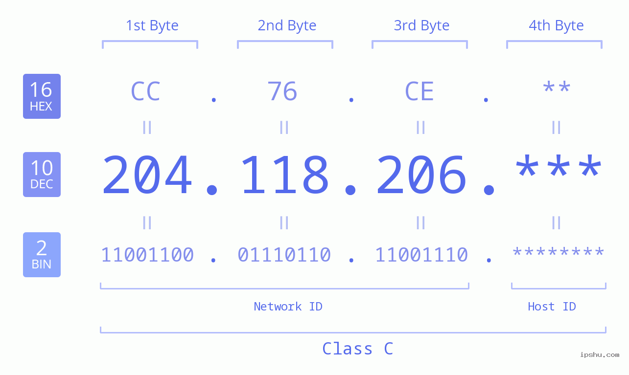 IP Address: 204.118.206 Data Structure Chart BIN DEC HEX IPv4: 204.118.206 Network Class, Net ID, Host ID