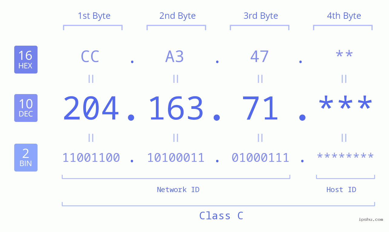 IP Address: 204.163.71 Data Structure Chart BIN DEC HEX IPv4: 204.163.71 Network Class, Net ID, Host ID