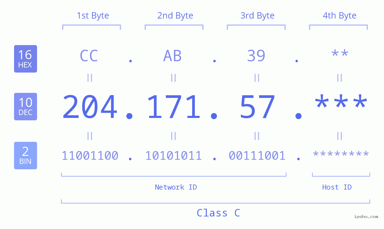 IP Address: 204.171.57 Data Structure Chart BIN DEC HEX IPv4: 204.171.57 Network Class, Net ID, Host ID