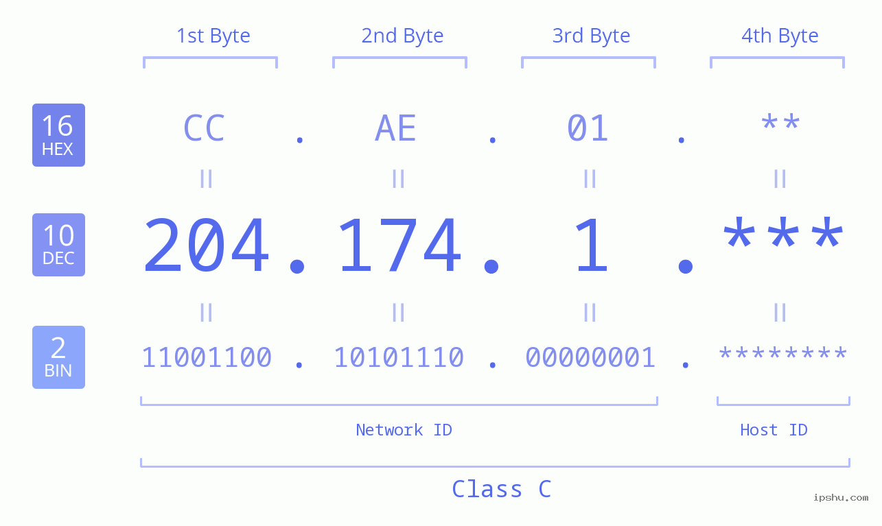 IP Address: 204.174.1 Data Structure Chart BIN DEC HEX IPv4: 204.174.1 Network Class, Net ID, Host ID