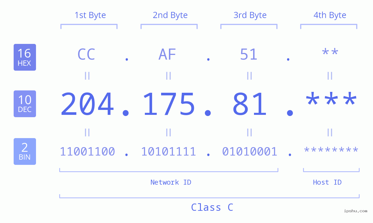 IP Address: 204.175.81 Data Structure Chart BIN DEC HEX IPv4: 204.175.81 Network Class, Net ID, Host ID