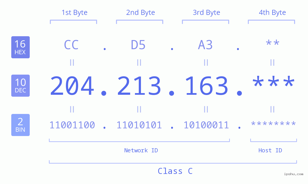 IP Address: 204.213.163 Data Structure Chart BIN DEC HEX IPv4: 204.213.163 Network Class, Net ID, Host ID