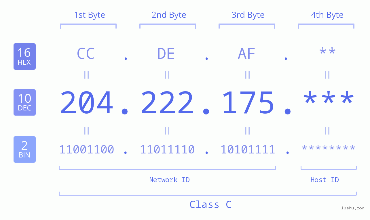 IP Address: 204.222.175 Data Structure Chart BIN DEC HEX IPv4: 204.222.175 Network Class, Net ID, Host ID