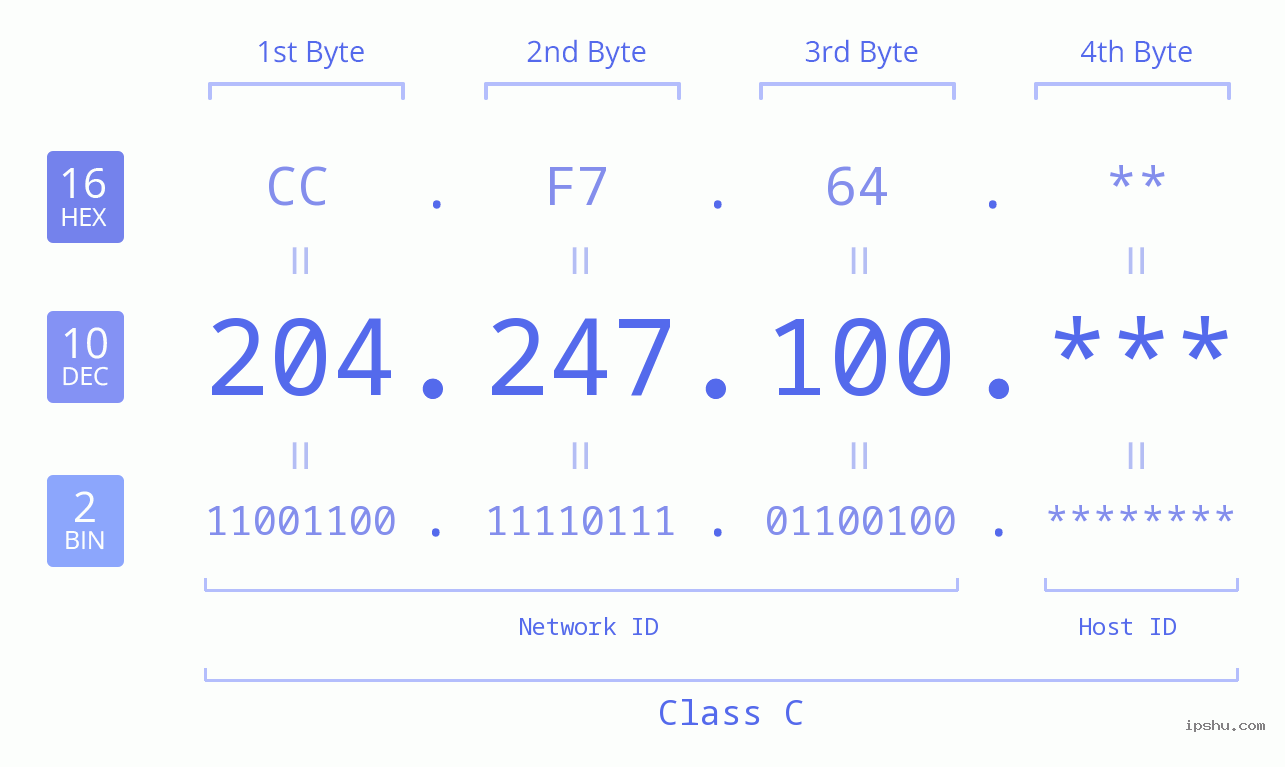 IP Address: 204.247.100 Data Structure Chart BIN DEC HEX IPv4: 204.247.100 Network Class, Net ID, Host ID