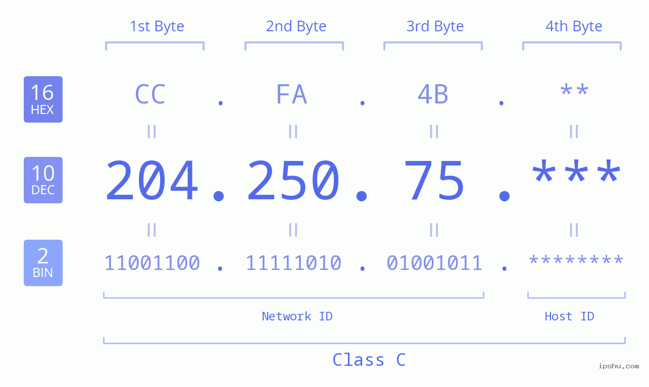 IP Address: 204.250.75 Data Structure Chart BIN DEC HEX IPv4: 204.250.75 Network Class, Net ID, Host ID