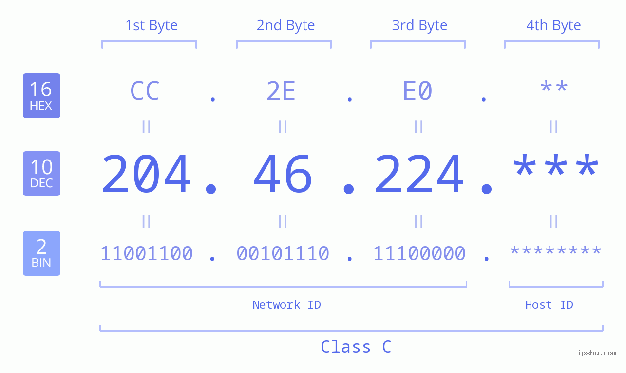 IP Address: 204.46.224 Data Structure Chart BIN DEC HEX IPv4: 204.46.224 Network Class, Net ID, Host ID