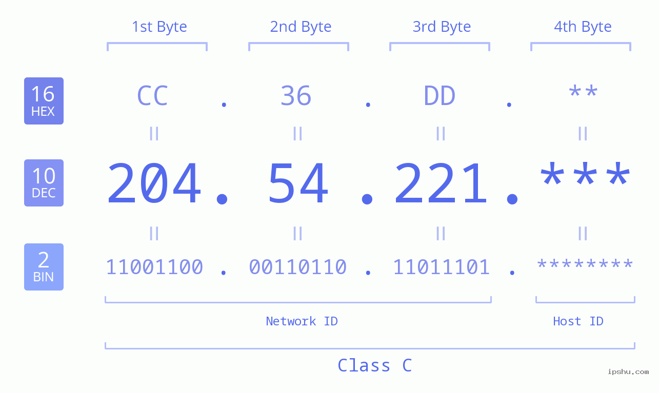 IP Address: 204.54.221 Data Structure Chart BIN DEC HEX IPv4: 204.54.221 Network Class, Net ID, Host ID
