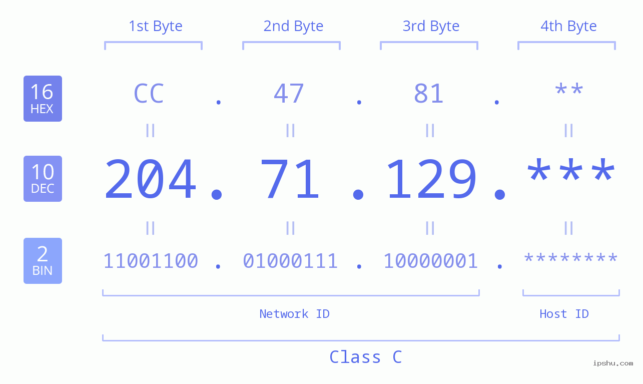 IP Address: 204.71.129 Data Structure Chart BIN DEC HEX IPv4: 204.71.129 Network Class, Net ID, Host ID
