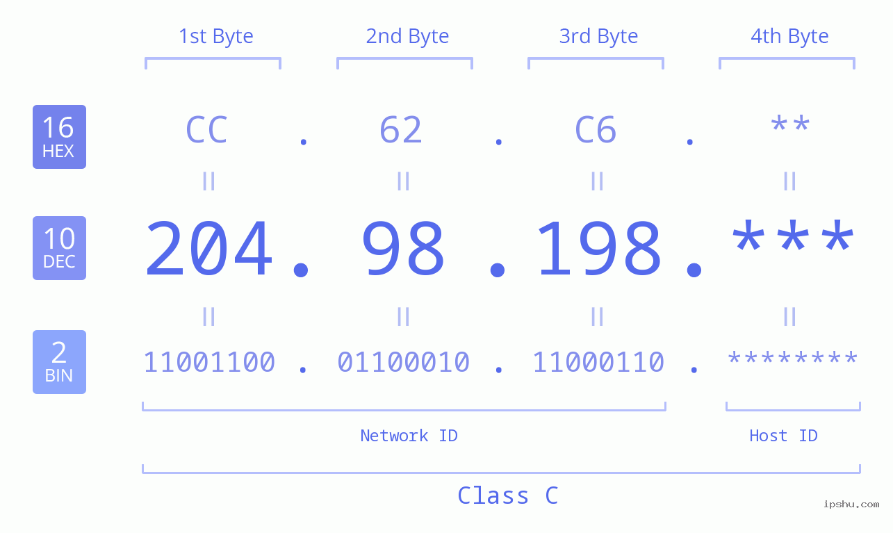 IP Address: 204.98.198 Data Structure Chart BIN DEC HEX IPv4: 204.98.198 Network Class, Net ID, Host ID