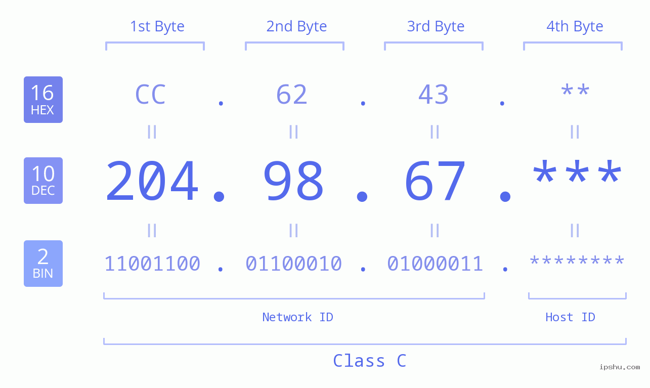 IP Address: 204.98.67 Data Structure Chart BIN DEC HEX IPv4: 204.98.67 Network Class, Net ID, Host ID