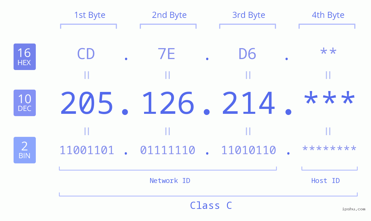 IP Address: 205.126.214 Data Structure Chart BIN DEC HEX IPv4: 205.126.214 Network Class, Net ID, Host ID