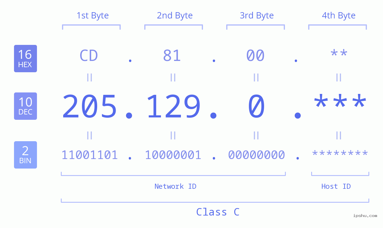 IP Address: 205.129.0 Data Structure Chart BIN DEC HEX IPv4: 205.129.0 Network Class, Net ID, Host ID