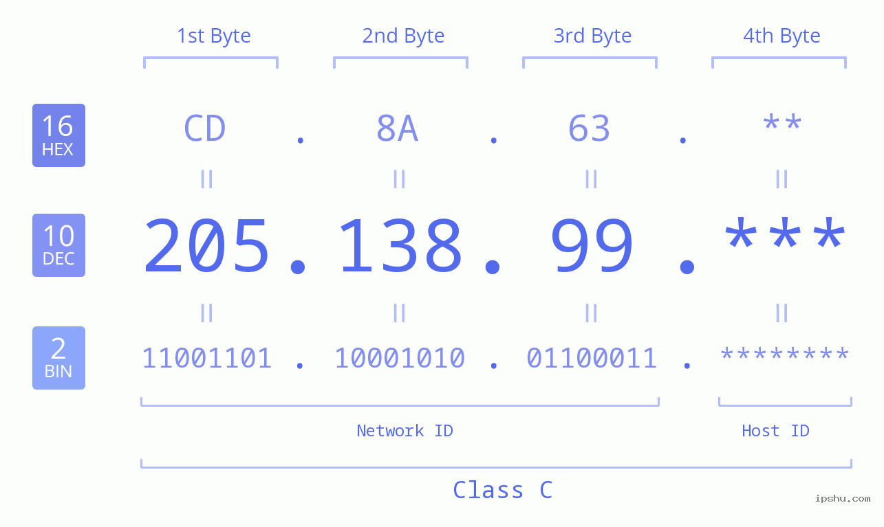 IP Address: 205.138.99 Data Structure Chart BIN DEC HEX IPv4: 205.138.99 Network Class, Net ID, Host ID
