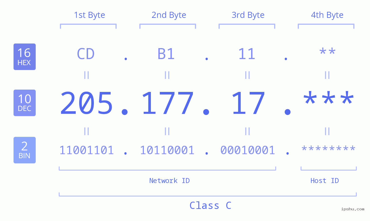 IP Address: 205.177.17 Data Structure Chart BIN DEC HEX IPv4: 205.177.17 Network Class, Net ID, Host ID