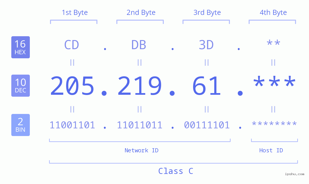 IP Address: 205.219.61 Data Structure Chart BIN DEC HEX IPv4: 205.219.61 Network Class, Net ID, Host ID