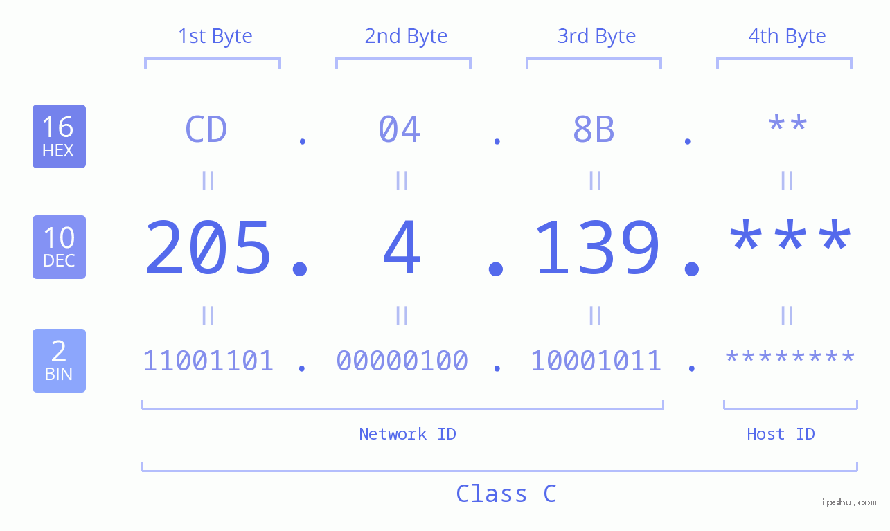 IP Address: 205.4.139 Data Structure Chart BIN DEC HEX IPv4: 205.4.139 Network Class, Net ID, Host ID