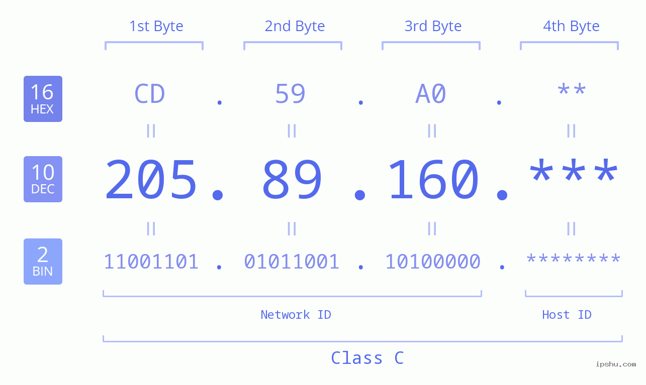 IP Address: 205.89.160 Data Structure Chart BIN DEC HEX IPv4: 205.89.160 Network Class, Net ID, Host ID