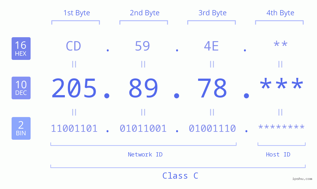 IP Address: 205.89.78 Data Structure Chart BIN DEC HEX IPv4: 205.89.78 Network Class, Net ID, Host ID