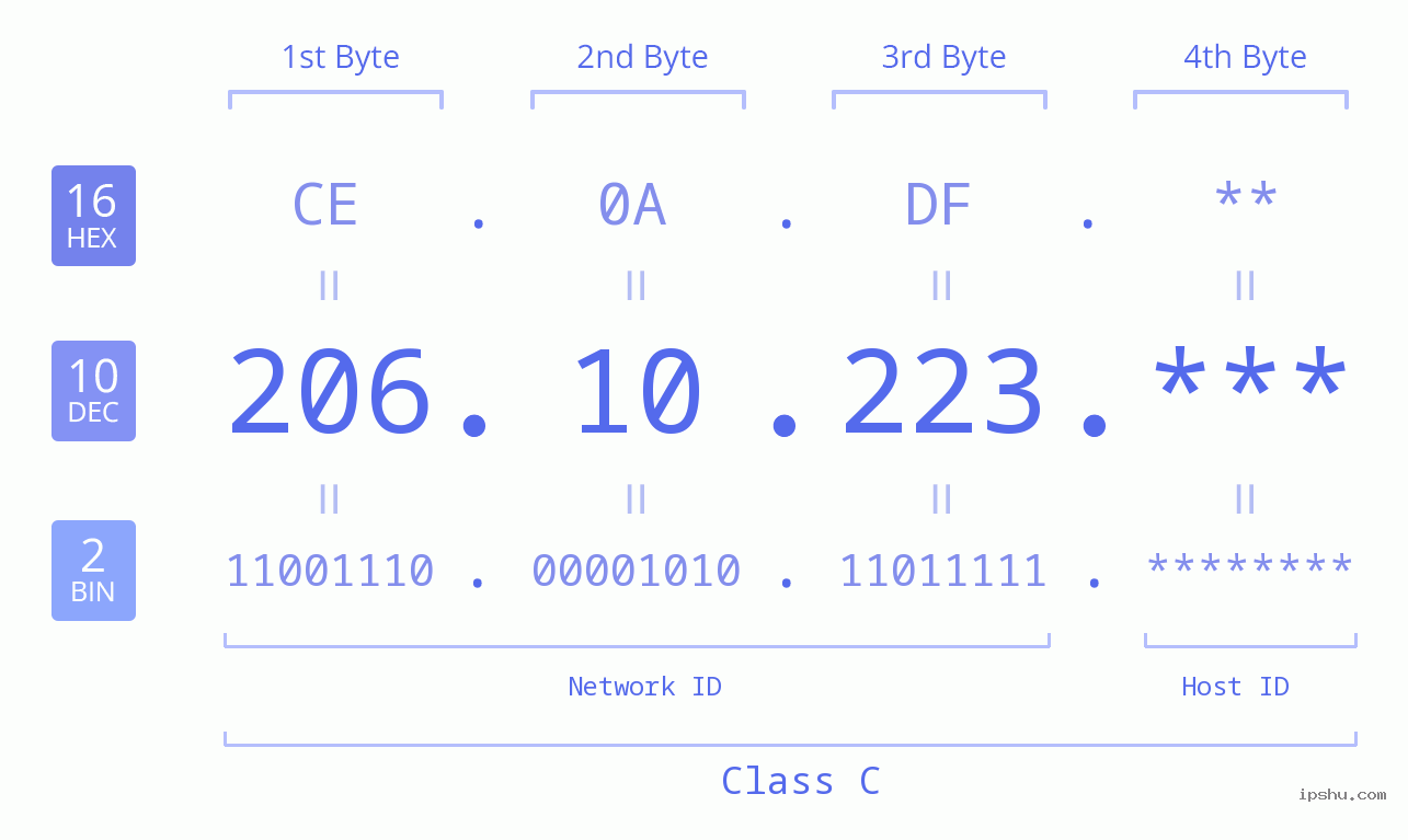IP Address: 206.10.223 Data Structure Chart BIN DEC HEX IPv4: 206.10.223 Network Class, Net ID, Host ID