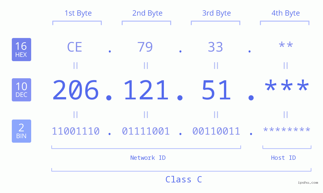 IP Address: 206.121.51 Data Structure Chart BIN DEC HEX IPv4: 206.121.51 Network Class, Net ID, Host ID