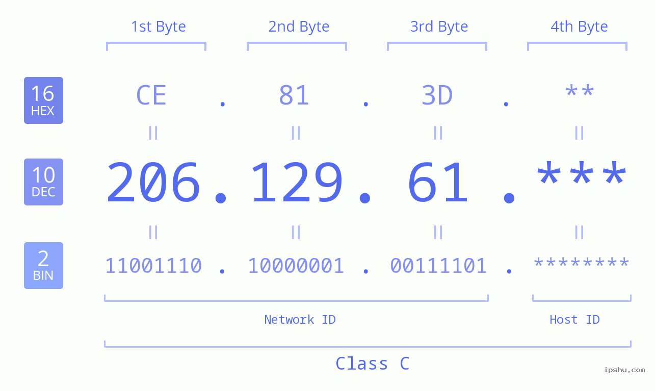 IP Address: 206.129.61 Data Structure Chart BIN DEC HEX IPv4: 206.129.61 Network Class, Net ID, Host ID