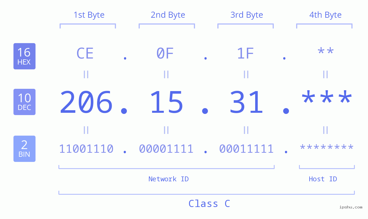 IP Address: 206.15.31 Data Structure Chart BIN DEC HEX IPv4: 206.15.31 Network Class, Net ID, Host ID