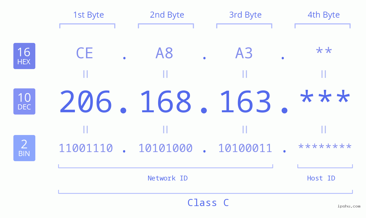 IP Address: 206.168.163 Data Structure Chart BIN DEC HEX IPv4: 206.168.163 Network Class, Net ID, Host ID