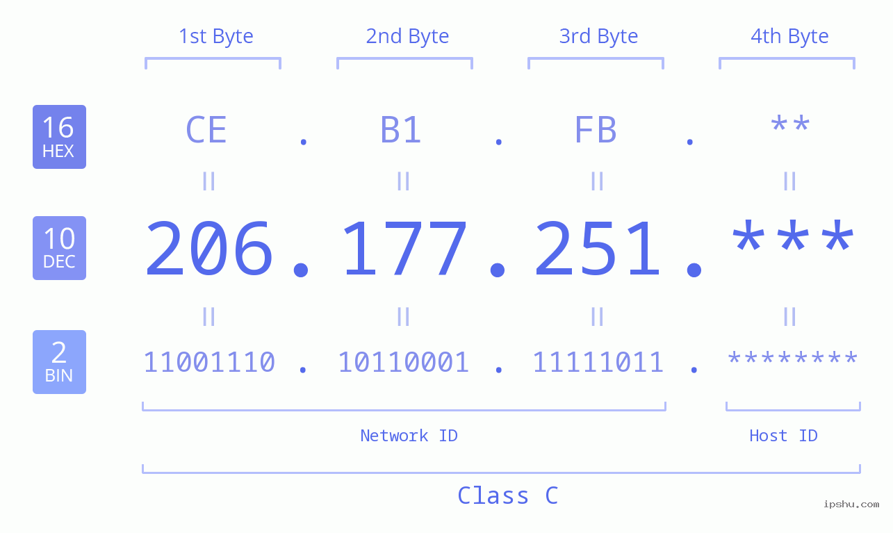 IP Address: 206.177.251 Data Structure Chart BIN DEC HEX IPv4: 206.177.251 Network Class, Net ID, Host ID