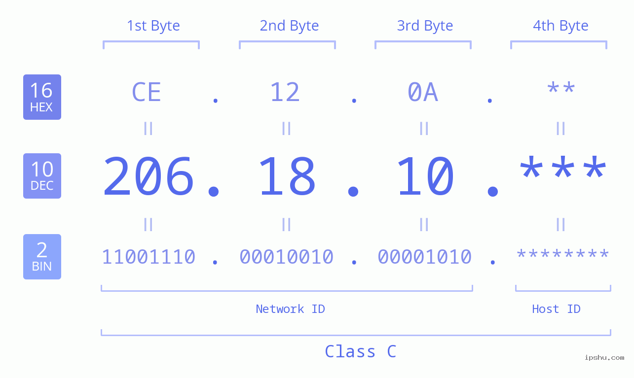 IP Address: 206.18.10 Data Structure Chart BIN DEC HEX IPv4: 206.18.10 Network Class, Net ID, Host ID