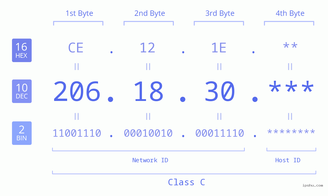 IP Address: 206.18.30 Data Structure Chart BIN DEC HEX IPv4: 206.18.30 Network Class, Net ID, Host ID