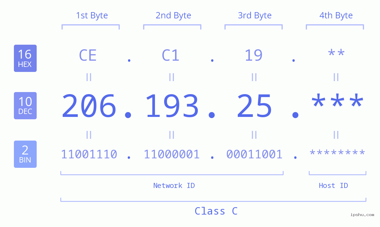 IP Address: 206.193.25 Data Structure Chart BIN DEC HEX IPv4: 206.193.25 Network Class, Net ID, Host ID