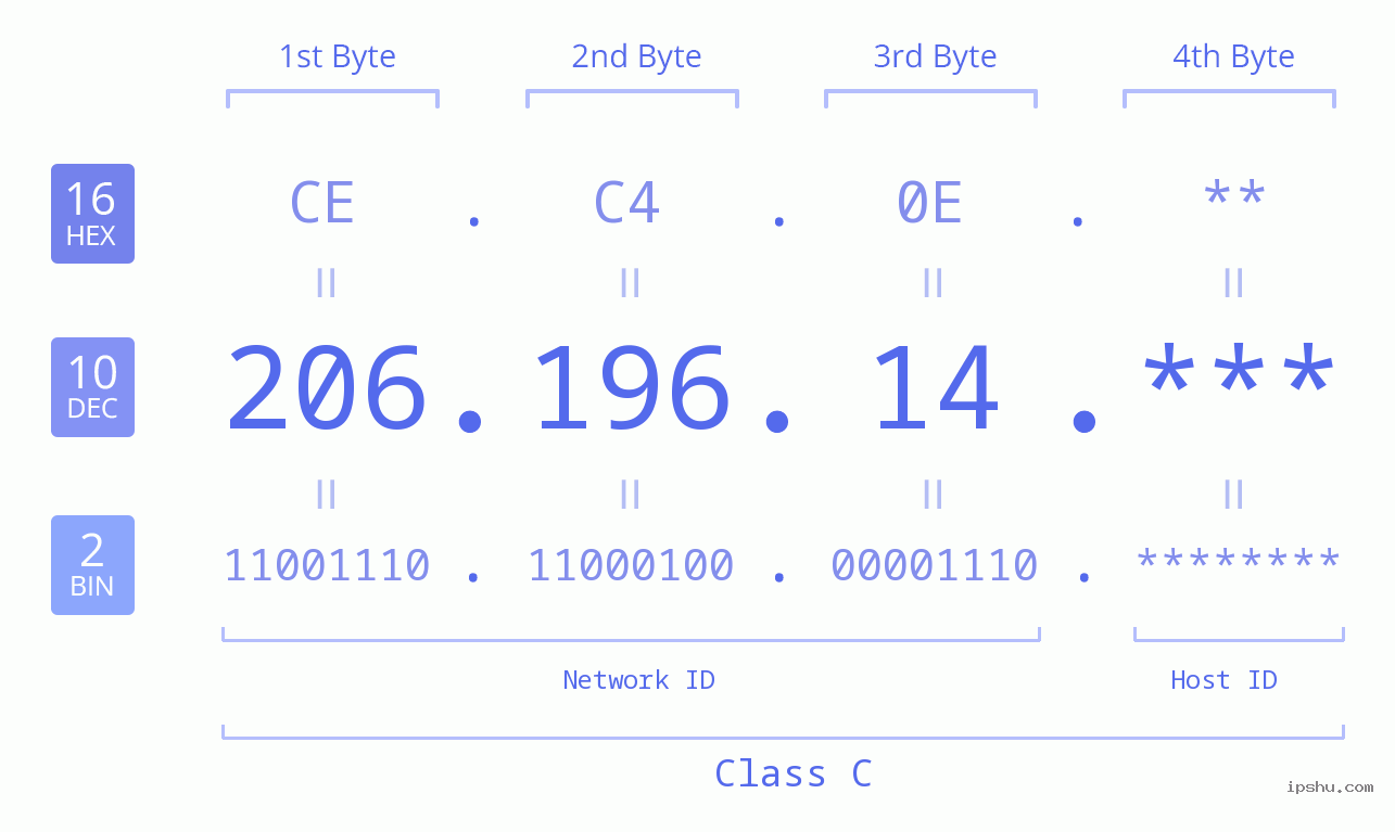 IP Address: 206.196.14 Data Structure Chart BIN DEC HEX IPv4: 206.196.14 Network Class, Net ID, Host ID