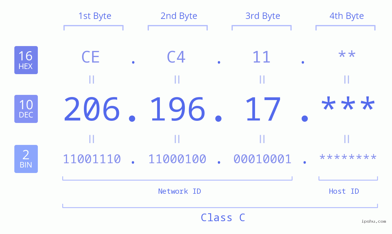 IP Address: 206.196.17 Data Structure Chart BIN DEC HEX IPv4: 206.196.17 Network Class, Net ID, Host ID