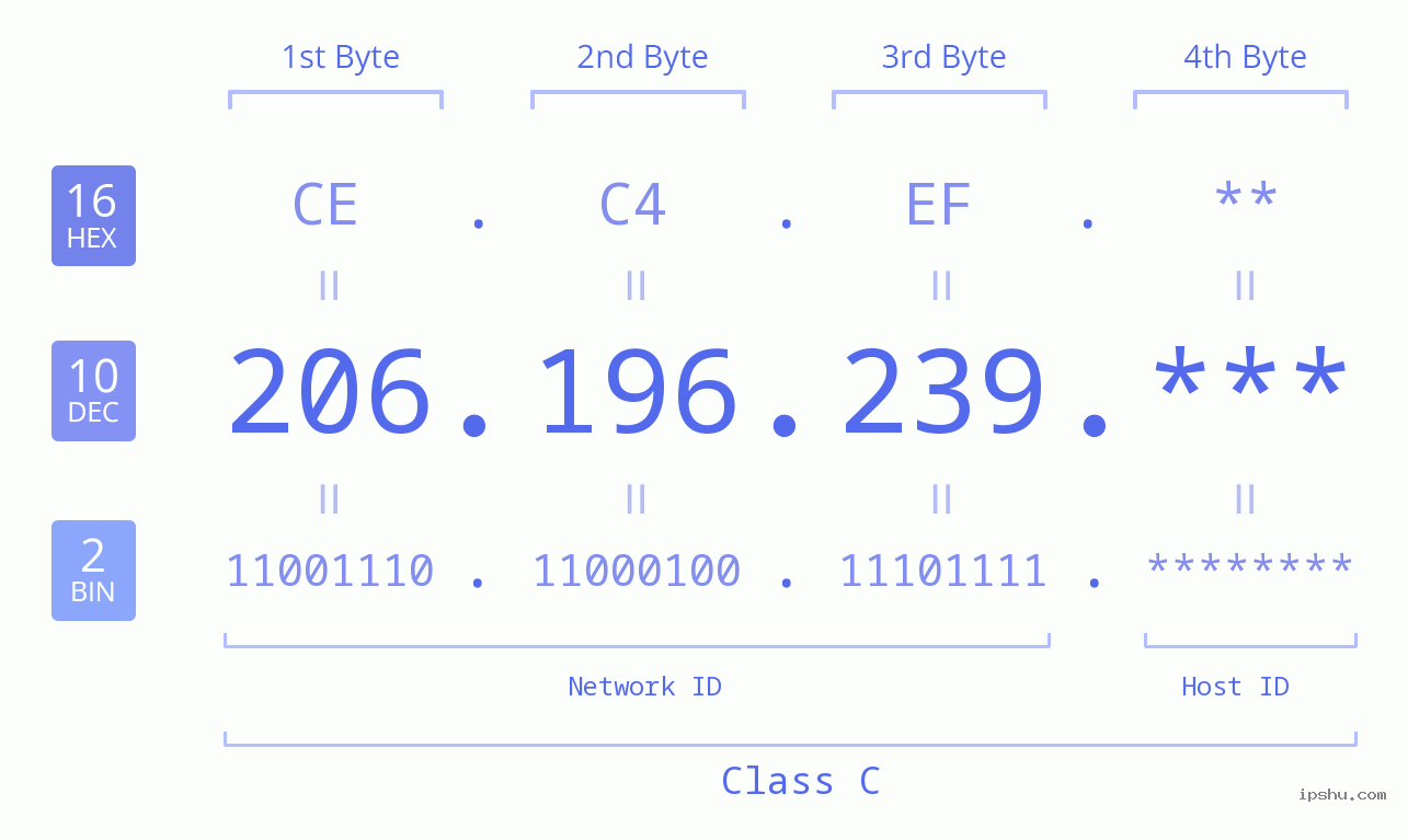 IP Address: 206.196.239 Data Structure Chart BIN DEC HEX IPv4: 206.196.239 Network Class, Net ID, Host ID