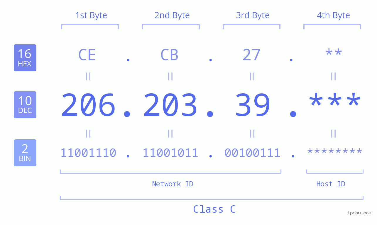 IP Address: 206.203.39 Data Structure Chart BIN DEC HEX IPv4: 206.203.39 Network Class, Net ID, Host ID