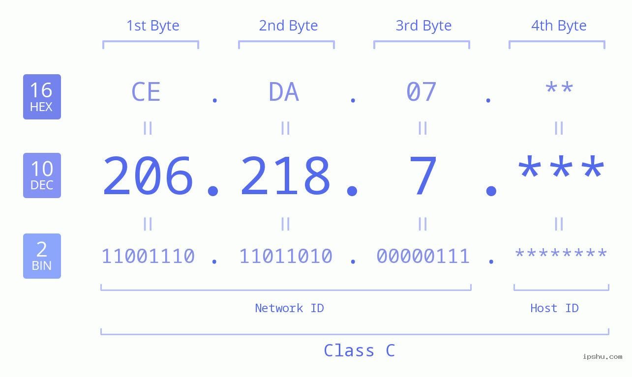 IP Address: 206.218.7 Data Structure Chart BIN DEC HEX IPv4: 206.218.7 Network Class, Net ID, Host ID