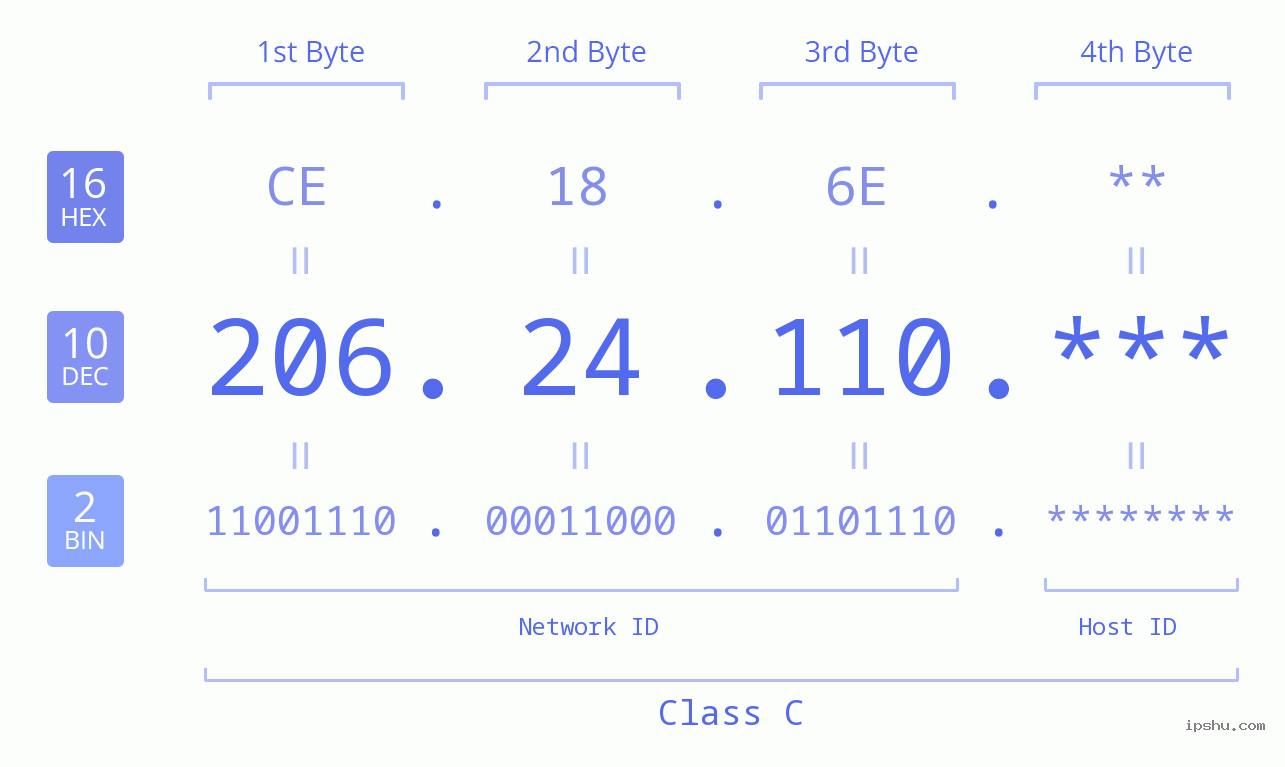 IP Address: 206.24.110 Data Structure Chart BIN DEC HEX IPv4: 206.24.110 Network Class, Net ID, Host ID