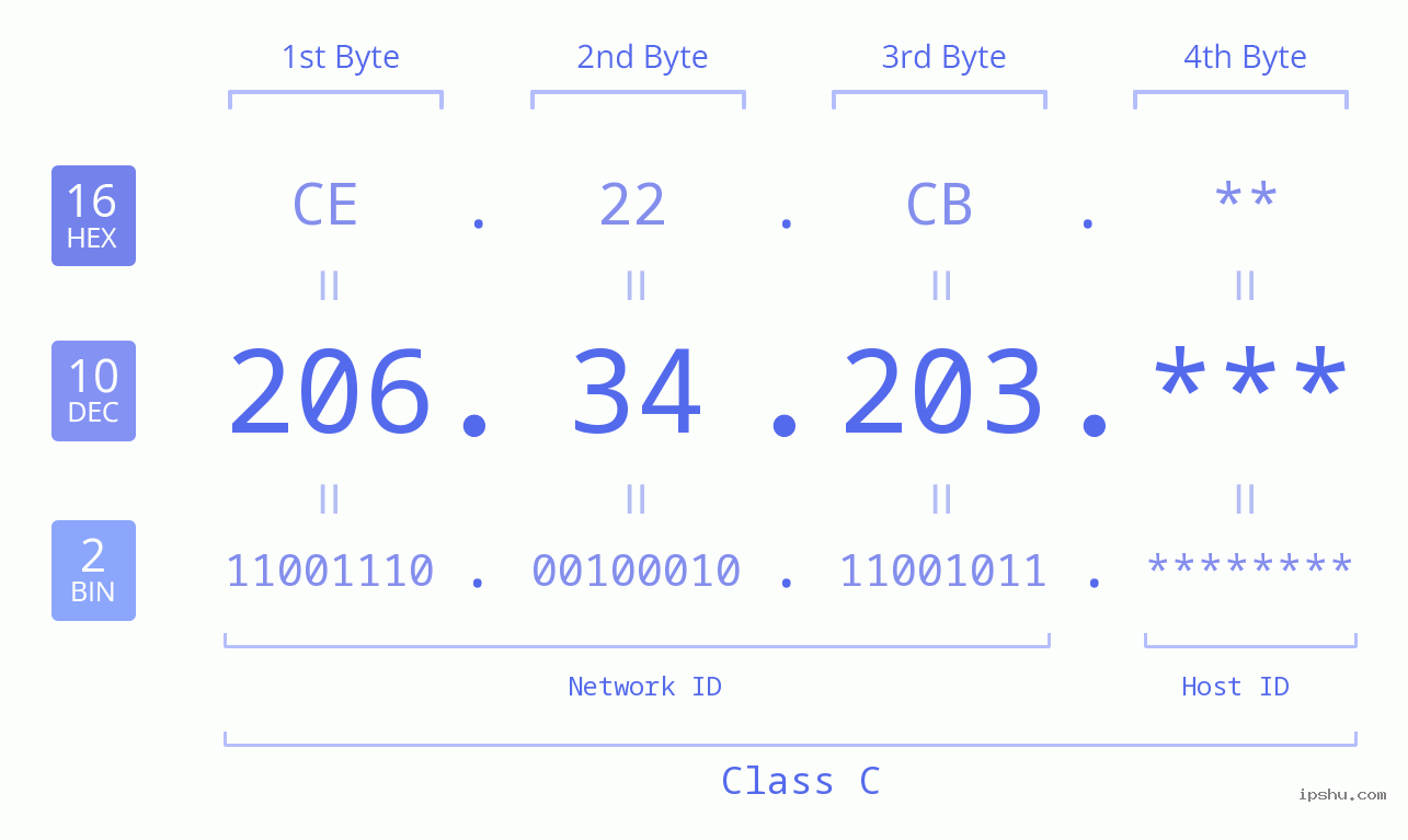 IP Address: 206.34.203 Data Structure Chart BIN DEC HEX IPv4: 206.34.203 Network Class, Net ID, Host ID