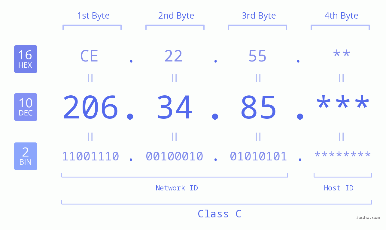 IP Address: 206.34.85 Data Structure Chart BIN DEC HEX IPv4: 206.34.85 Network Class, Net ID, Host ID