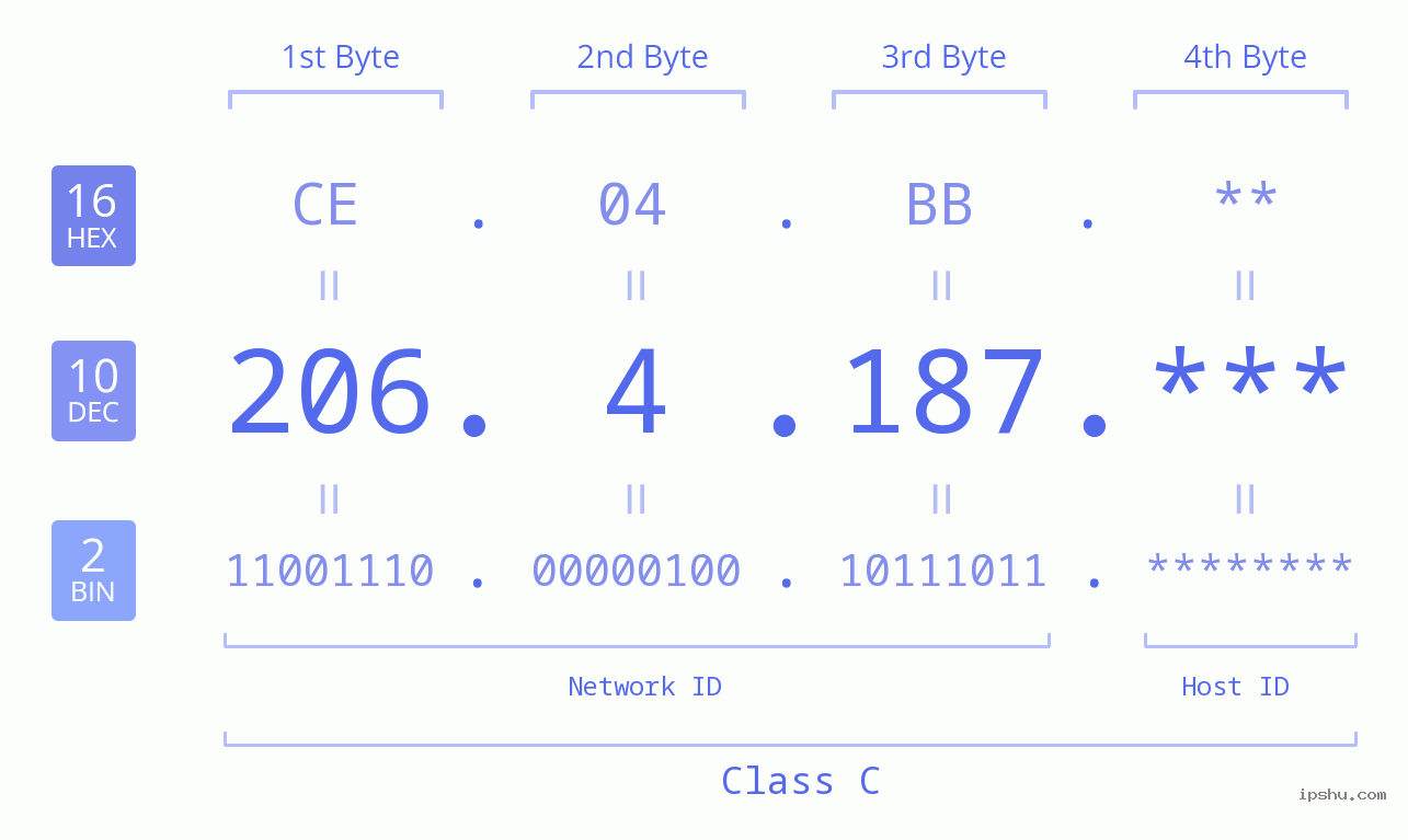 IP Address: 206.4.187 Data Structure Chart BIN DEC HEX IPv4: 206.4.187 Network Class, Net ID, Host ID