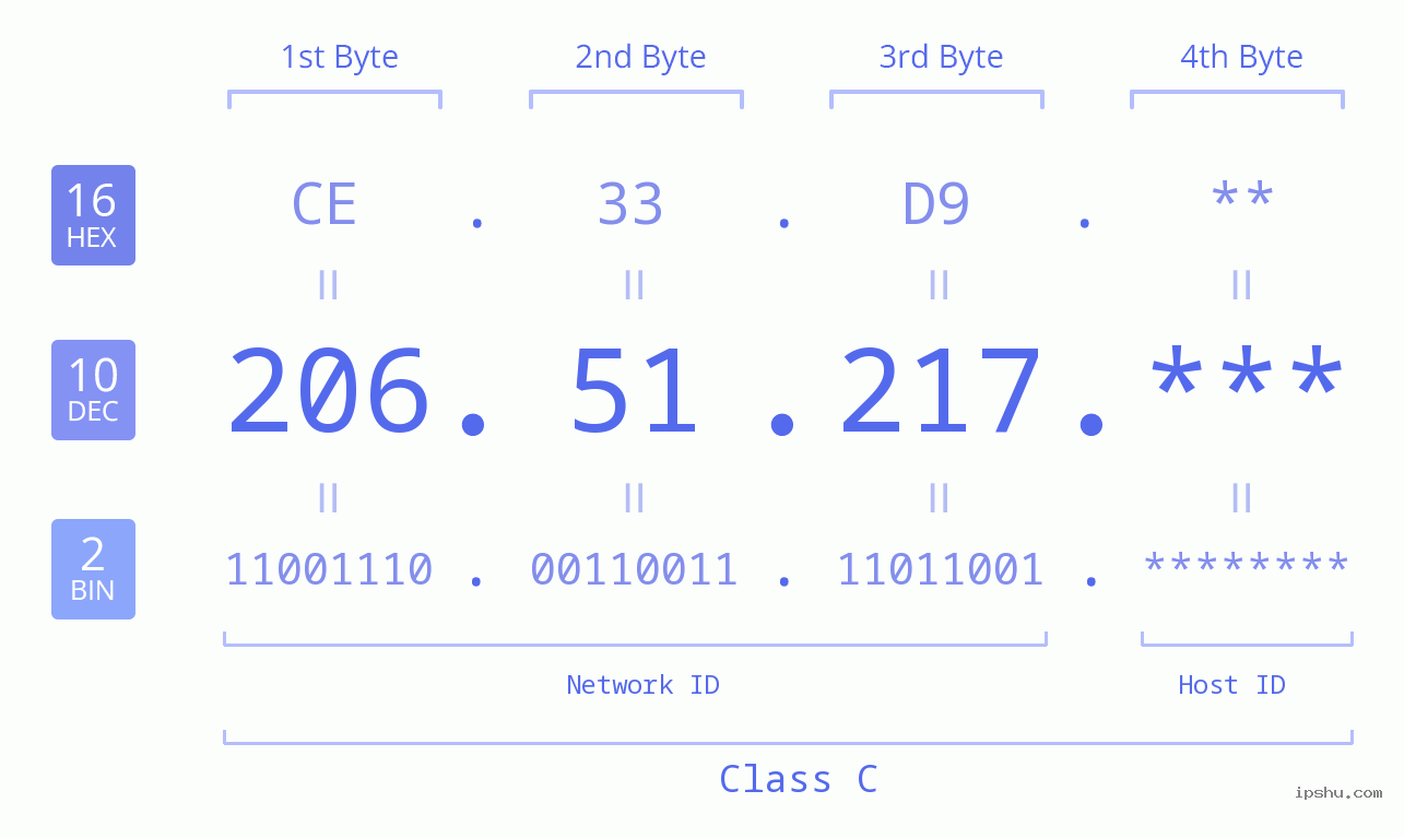 IP Address: 206.51.217 Data Structure Chart BIN DEC HEX IPv4: 206.51.217 Network Class, Net ID, Host ID