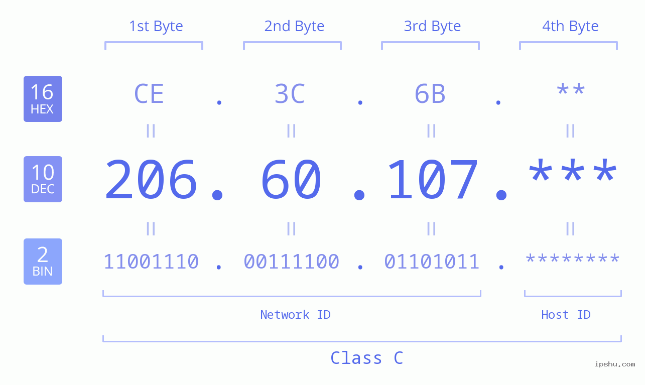 IP Address: 206.60.107 Data Structure Chart BIN DEC HEX IPv4: 206.60.107 Network Class, Net ID, Host ID