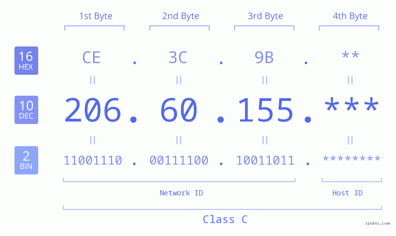 IP Address: 206.60.155 Data Structure Chart BIN DEC HEX IPv4: 206.60.155 Network Class, Net ID, Host ID